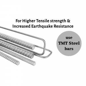 Image of TMT steel bars with text highlighting their strength and earthquake resistance.