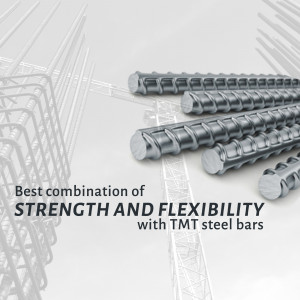 Close-up of TMT steel bars with text highlighting strength and flexibility.
