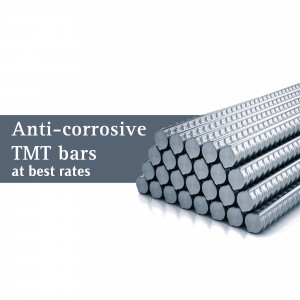Pile of silver anti-corrosive TMT bars with text overlay