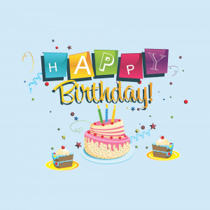Colorful Happy Birthday graphic with cake and cupcakes