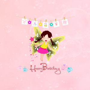 Illustration of a cute fairy with butterfly wings holding a magic wand, with a 'Happy Birthday' message.