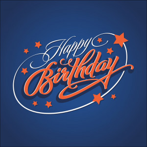 Calligraphy style 'Happy Birthday' text with stars on a blue background