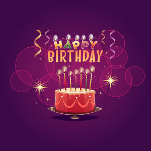 Illustration of a red birthday cake with lit candles and 'Happy Birthday' text.