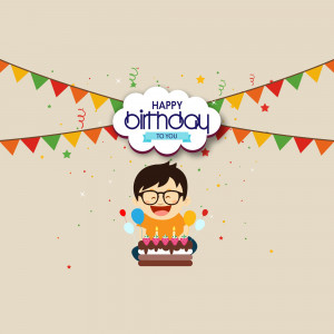 Illustration of a boy with a birthday cake and colorful decorations.