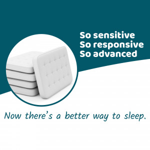 Stack of white mattresses with text promoting advanced sleep technology