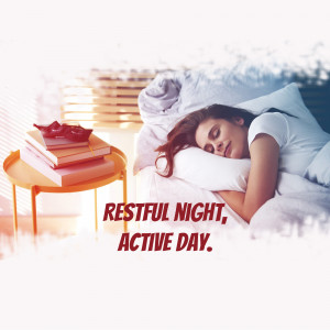 Woman sleeping peacefully in bed with books on a nightstand