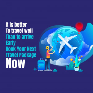 Illustration of a person with travel essentials and a globe with airplanes, promoting travel packages.