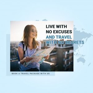 Woman holding a map with a city skyline in the background and travel promotion text.