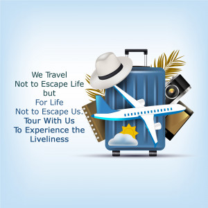 Suitcase with travel items and airplane, representing a travel agency or tourism promotion.