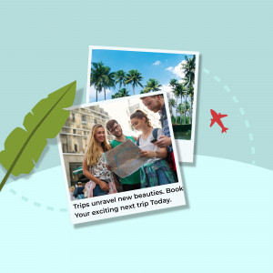 Three friends planning a trip with a map and photos of a tropical destination.