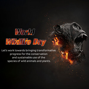 Digital art of a chimpanzee with a fiery effect, celebrating World Wildlife Day.