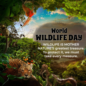 A vibrant image celebrating World Wildlife Day with a collage of animals and lush greenery.