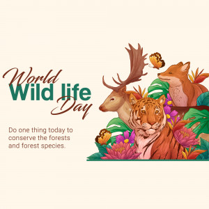 Illustration of various wild animals including a deer, fox, tiger, and butterflies with the text 'World Wildlife Day'