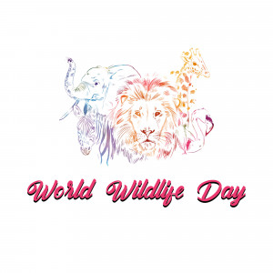 Illustration of African wildlife including a lion, elephant, giraffe, and zebra with the text 'World Wildlife Day'