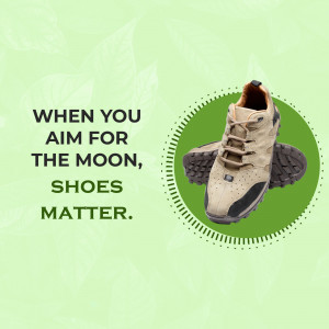 Image of hiking shoes with motivational text 'When you aim for the moon, shoes matter.'