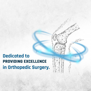 Illustration of a knee joint with a network of lines and a blue swirl, with text 'Dedicated to Providing Excellence in Orthopedic Surgery'.