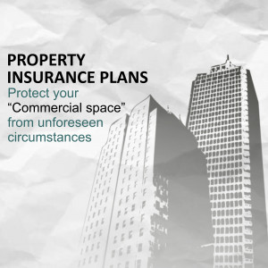 Image depicting a skyscraper with text promoting property insurance plans.