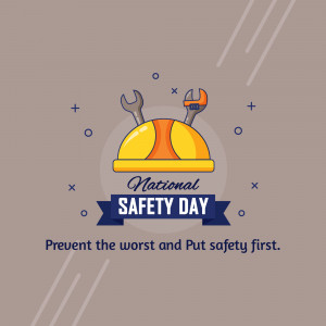 Illustration for National Safety Day featuring a hard hat, tools, and safety message.