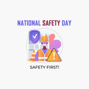 Illustration for National Safety Day featuring a construction worker and safety symbols.