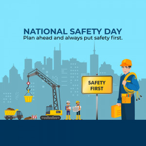 Illustration for National Safety Day promoting workplace safety with construction workers and equipment.