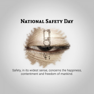 Image depicting an eye with a safety goggle reflection, promoting National Safety Day.