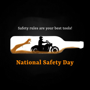 Illustration of a motorcycle rider inside a bottle with a zombie hand reaching out, promoting National Safety Day.