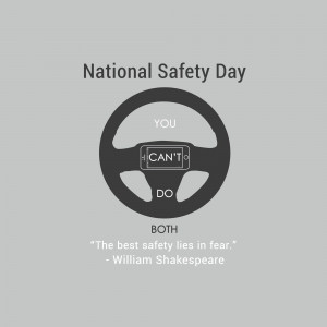 Image promoting National Safety Day with a steering wheel and safety message.