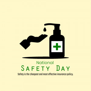 Illustration of a hand receiving hand sanitizer from a pump bottle with a plus sign, promoting National Safety Day.