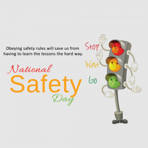 Illustration of a traffic light with faces representing red, yellow, and green, promoting National Safety Day.