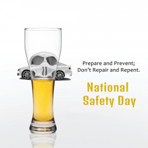 A glass of beer with a car and skull inside, promoting National Safety Day and responsible driving.