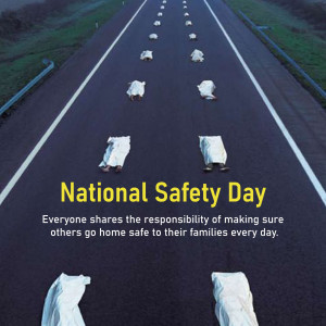 Image depicting white body outlines on a road with text 'National Safety Day'