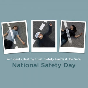 Three images depicting people lying on a road with a message about National Safety Day.