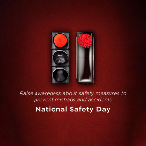 Traffic light with a red light and text promoting National Safety Day