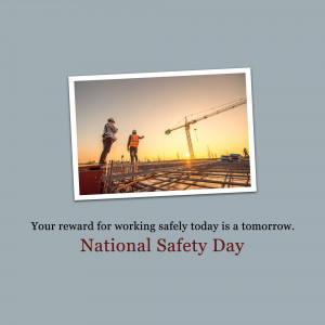 Construction workers on a building site at sunset with text promoting National Safety Day.