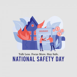 Illustration depicting a handshake with a house on fire and insurance symbols, promoting National Safety Day.