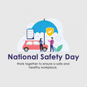 Illustration depicting safety measures with an umbrella, car, and people for National Safety Day.