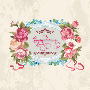 Vintage style floral congratulations card with pink roses and delicate lace
