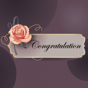 A decorative congratulations card with a rose and ornate frame.