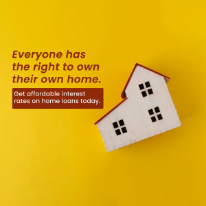Wooden house model on a yellow background with text promoting affordable home loans.
