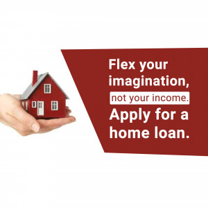 Hand holding a miniature house with text promoting home loan applications