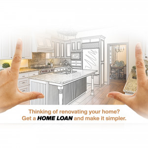 Hands framing a kitchen renovation design with text promoting home loans.