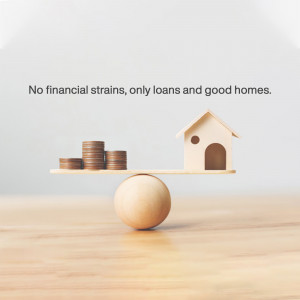 Wooden scales balancing stacks of coins and a miniature house, representing financial stability and homeownership.