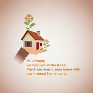 Hand holding a house with flowers, promoting low-interest home loans.