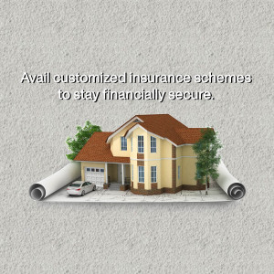 Illustration of a house on a rolled-up document with text about insurance