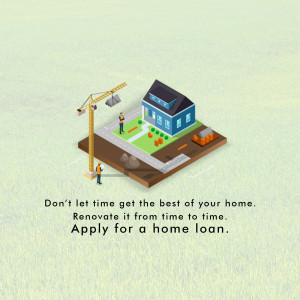 Isometric illustration of a house under renovation with a construction crane and workers, promoting a home loan.