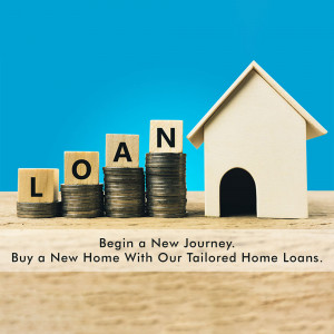Stacks of coins spelling 'LOAN' next to a miniature house, representing home loans.