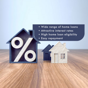 Conceptual image of houses and a percentage sign representing home loan interest rates.