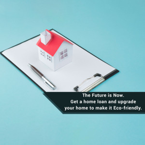 Paper house model on a clipboard with a pen and glasses, promoting home loans and eco-friendly upgrades.