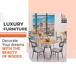 Modern dining room with round tables and chairs, featuring a view of a cityscape.