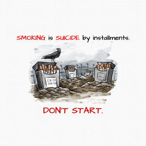 Cartoon depicting cigarettes as tombstones with a crow perched on one, conveying the message that smoking is harmful.